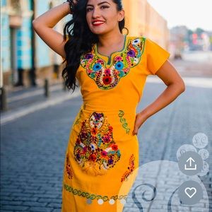 Mexican Yellow Kimono Embroidered Dress